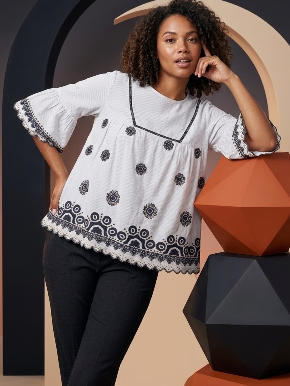White Embroidered Bell-Sleeve Tunic Top - Black Trim